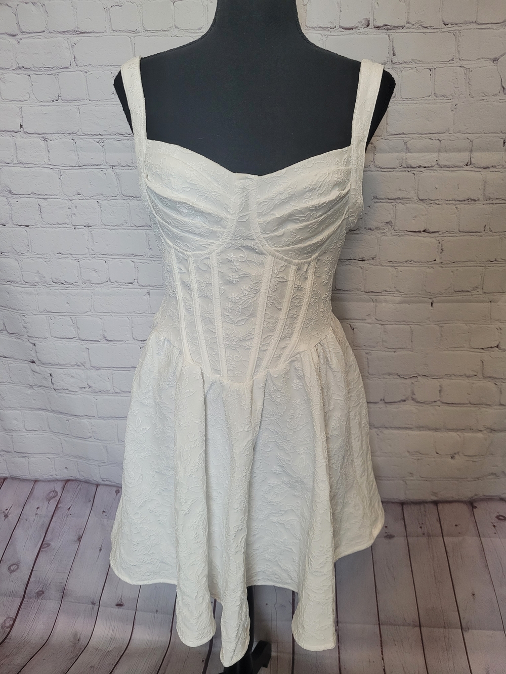 White Jacquard Size 4 Small Corest Sleeveless A Line Summer Mini Dress Coquette